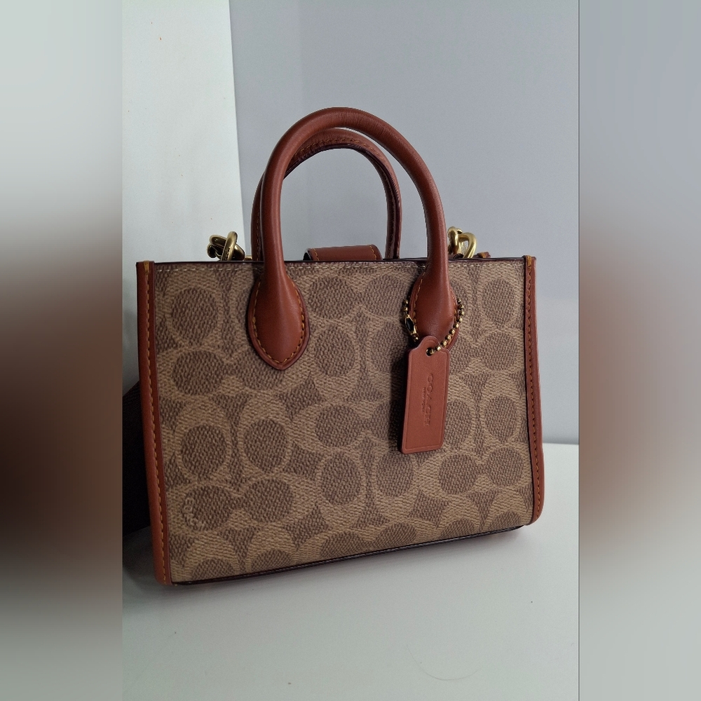 Coach Ace Tote Bag 17 signature canvas tan/rust CT891 NWOT